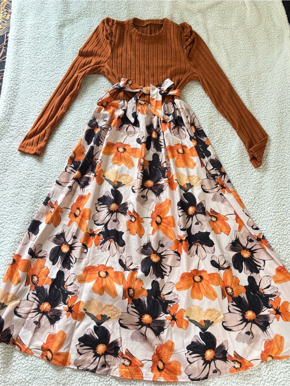 SHEIN Rust Ribbed Top with Orange and Black Floral Maxi Dress